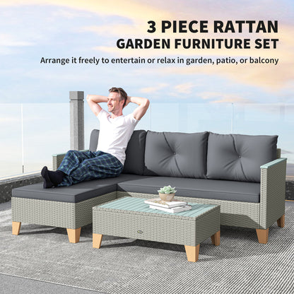 Tozivi Rattan Grey 3 Piece L Shaped Outdoor Conversation Set With Wood Top Table
