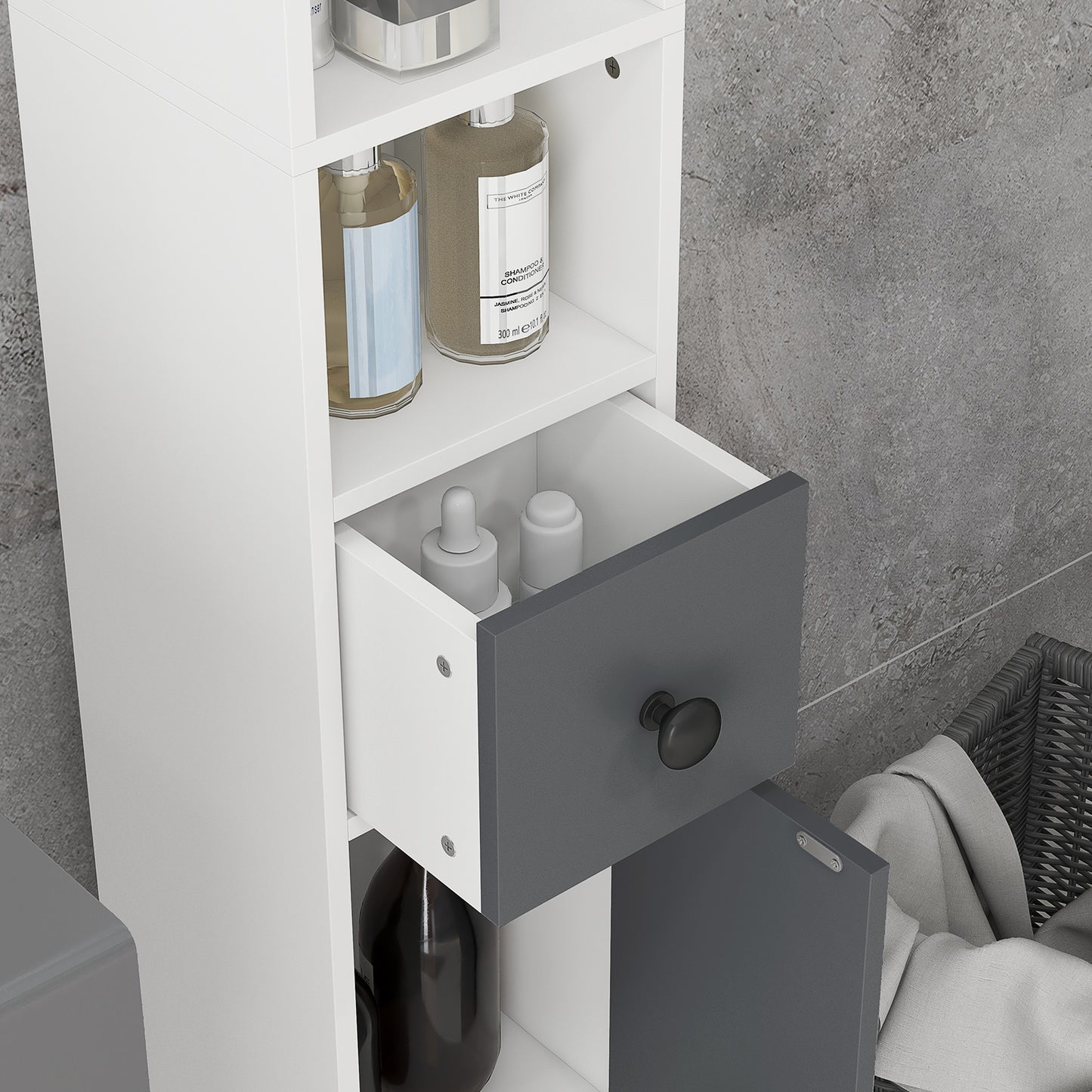 Fidire Tall Slim Grey Bathroom Storage Cabinet With Drawers Shelves And Cupboards