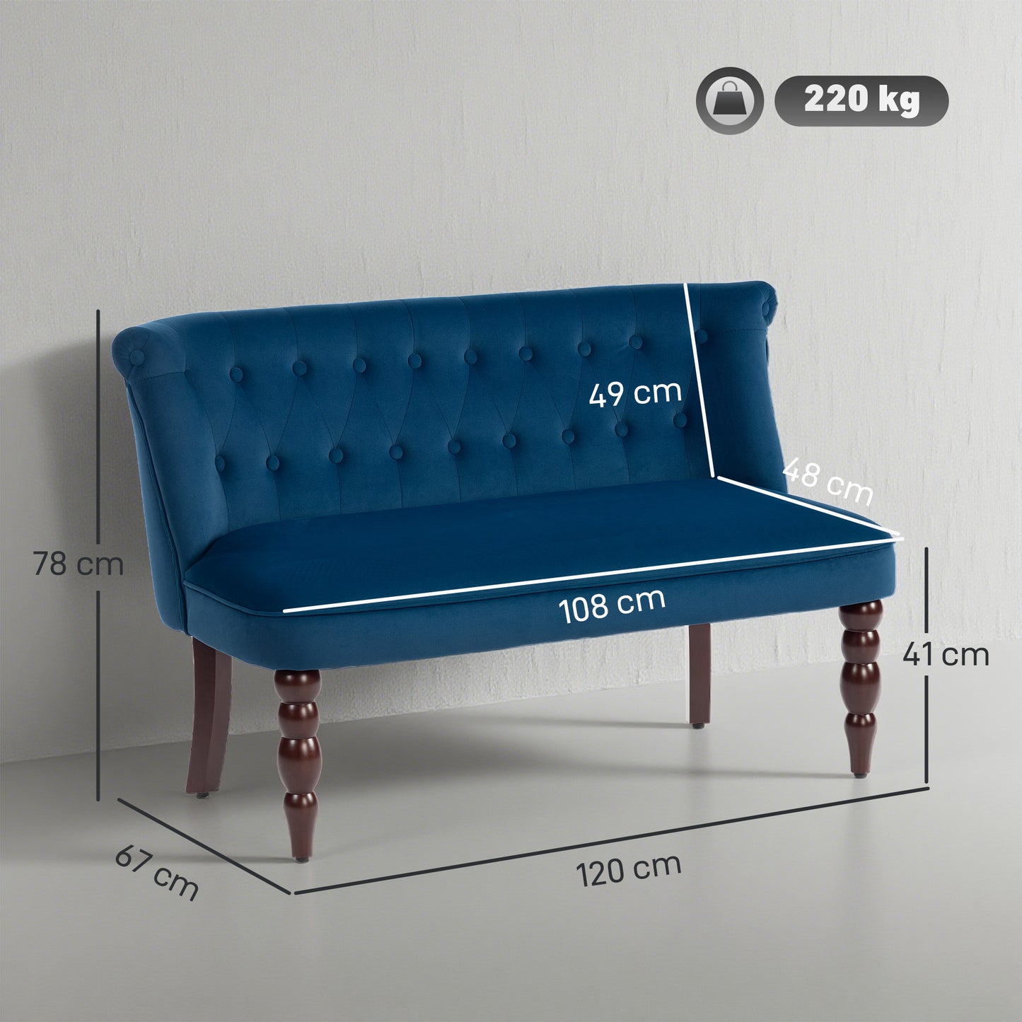 Layono Dark Blue Velvet Diamond Button Tufted Wingback 2 Seater Sofa