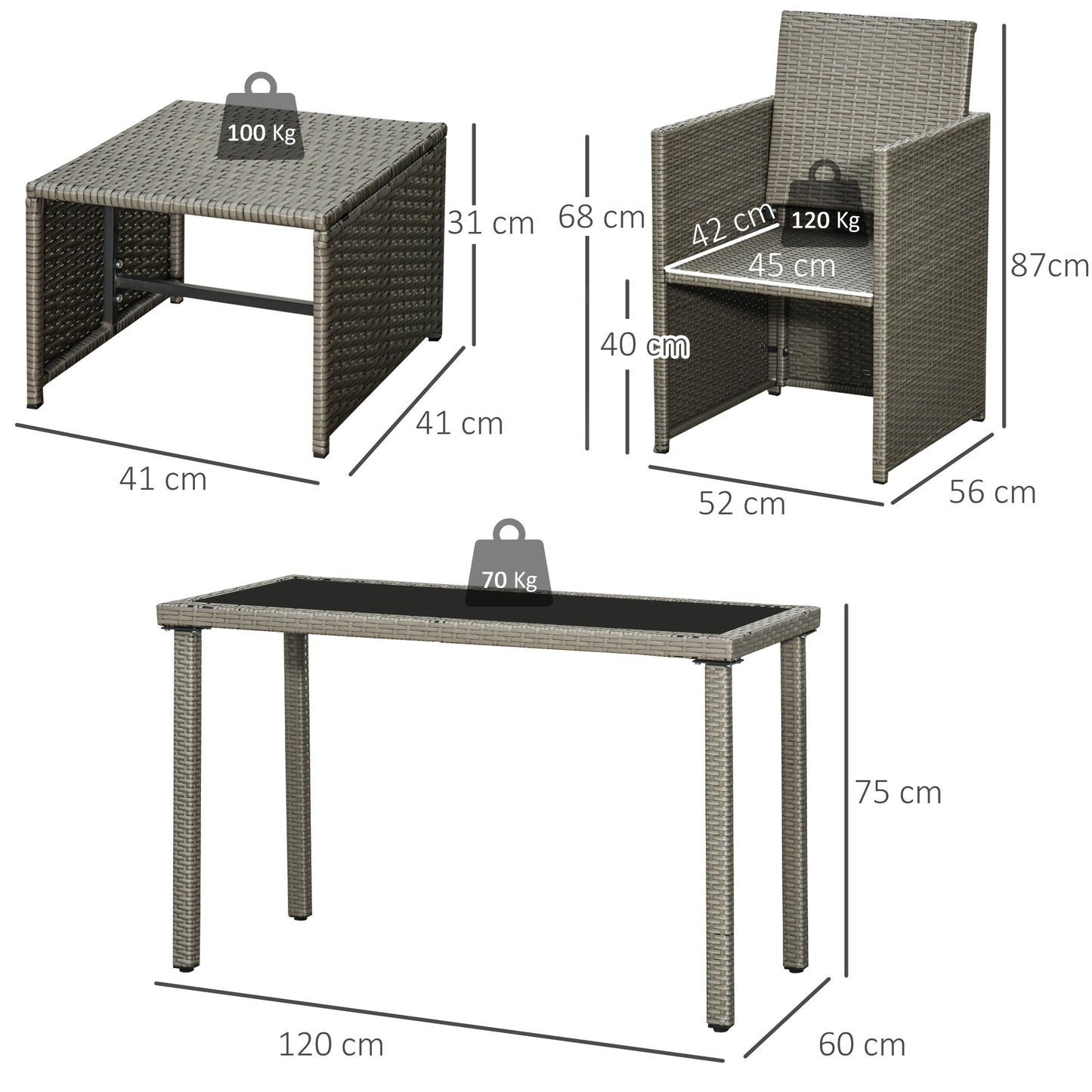 Moel Grey Rattan 4 Seater Cube Garden Dining Set with 2 Armchairs 2 Stools And Glass Table