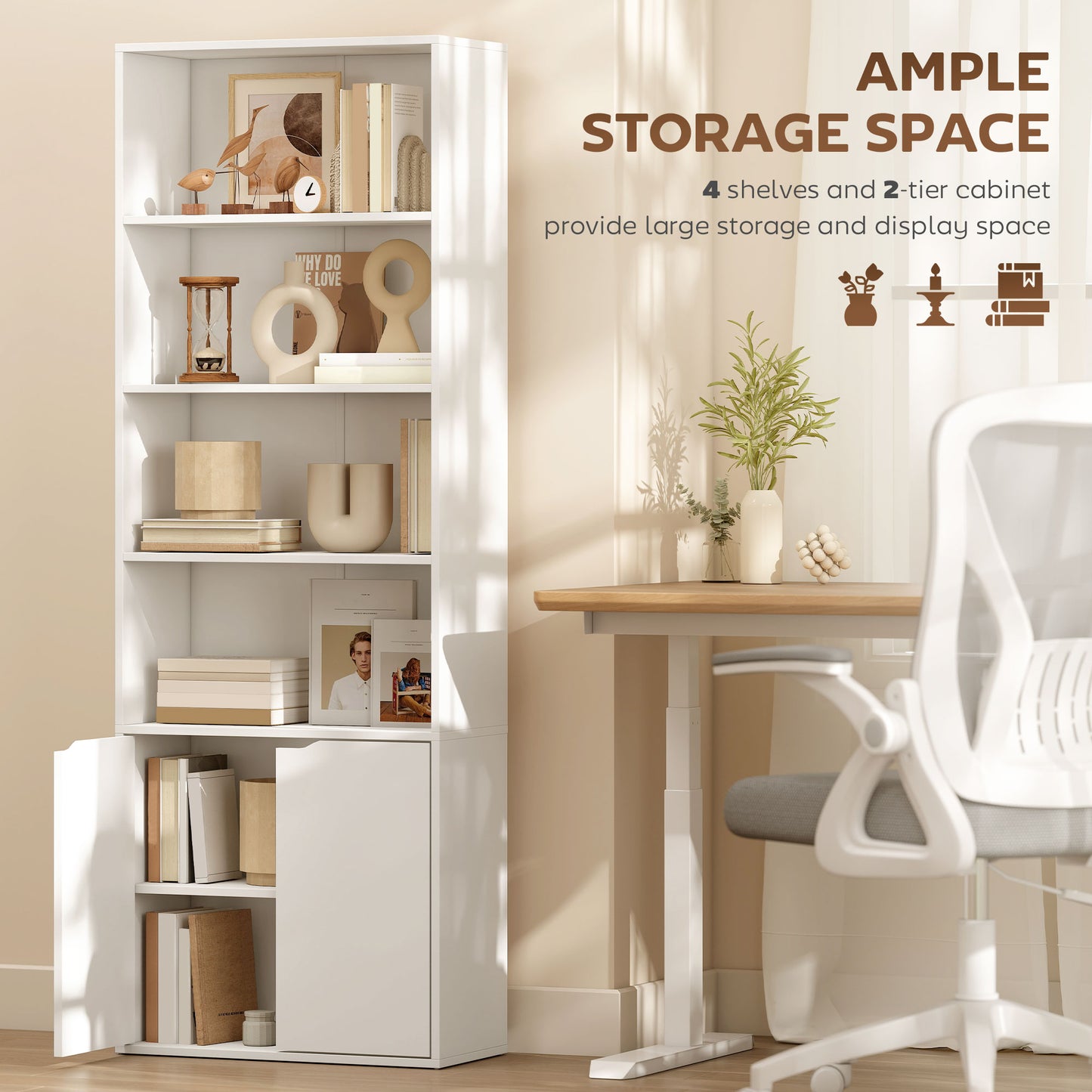 Zimo Rado Wood White 6 Tier Tall Bookcase With OFauxn Shelves And Double Door Storage 59 x 29 x 180 cm