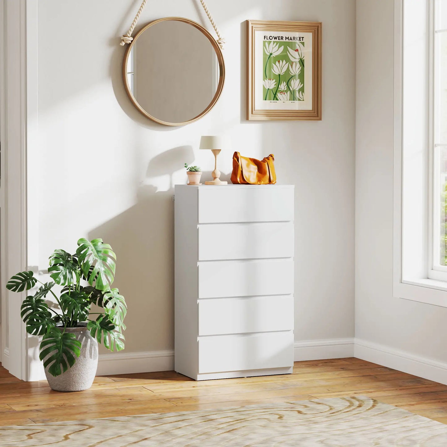 Staki Wooden Neutral Finish 5 Drawer Modern Storage Chest
