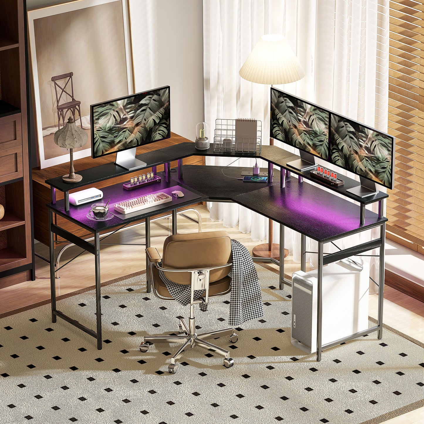Vevano 138.5cm Black L Shaped Work Desk With Integrated LED Lighting