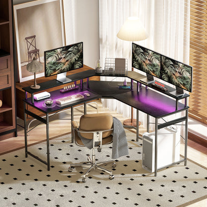 Vevano 138.5cm Black L Shaped Work Desk With Integrated LED Lighting