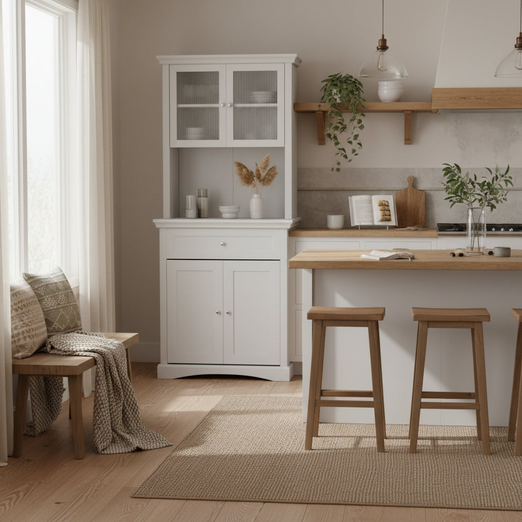 Tole Wooden White 4 Door Kitchen Cupboard With Drawer Glass Doors And OFauxn Counter