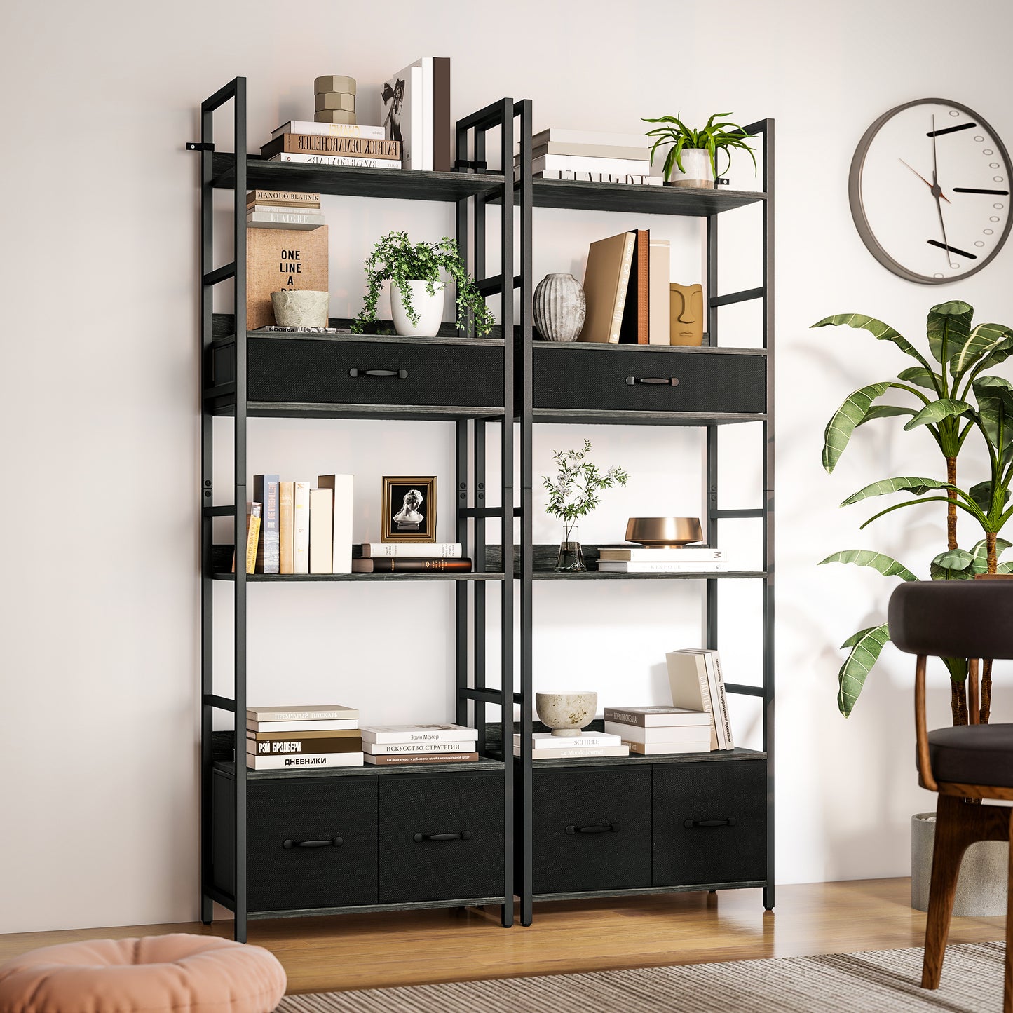 Laro Metal And Wood Grey And Black Industrial Bookcase With 4 Shelves And Fabric Drawers