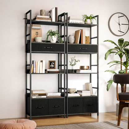 Laro Metal And Wood Grey And Black Industrial Bookcase With 4 Shelves And Fabric Drawers