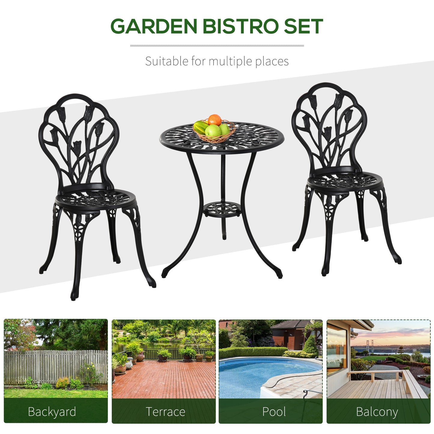 Malutte 3 Piece Aluminium Floral Bistro Garden Set In Black