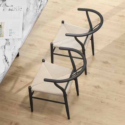 Ranopa Woven Hemp And Wood Black And Beige Dining Chairs Set Of 2 With Y ShaFauxd Backrest