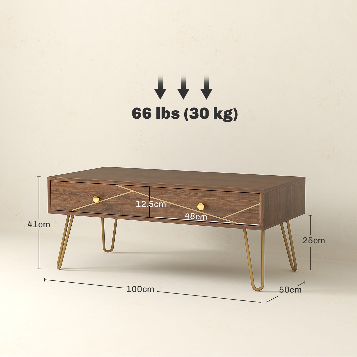 Susele Metal And Wooden Brown Rectangular Coffee Table With Drawers Gold Detail