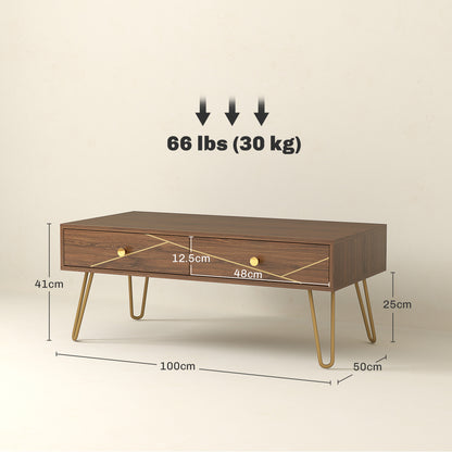 Susele Metal And Wooden Brown Rectangular Coffee Table With Drawers Gold Detail