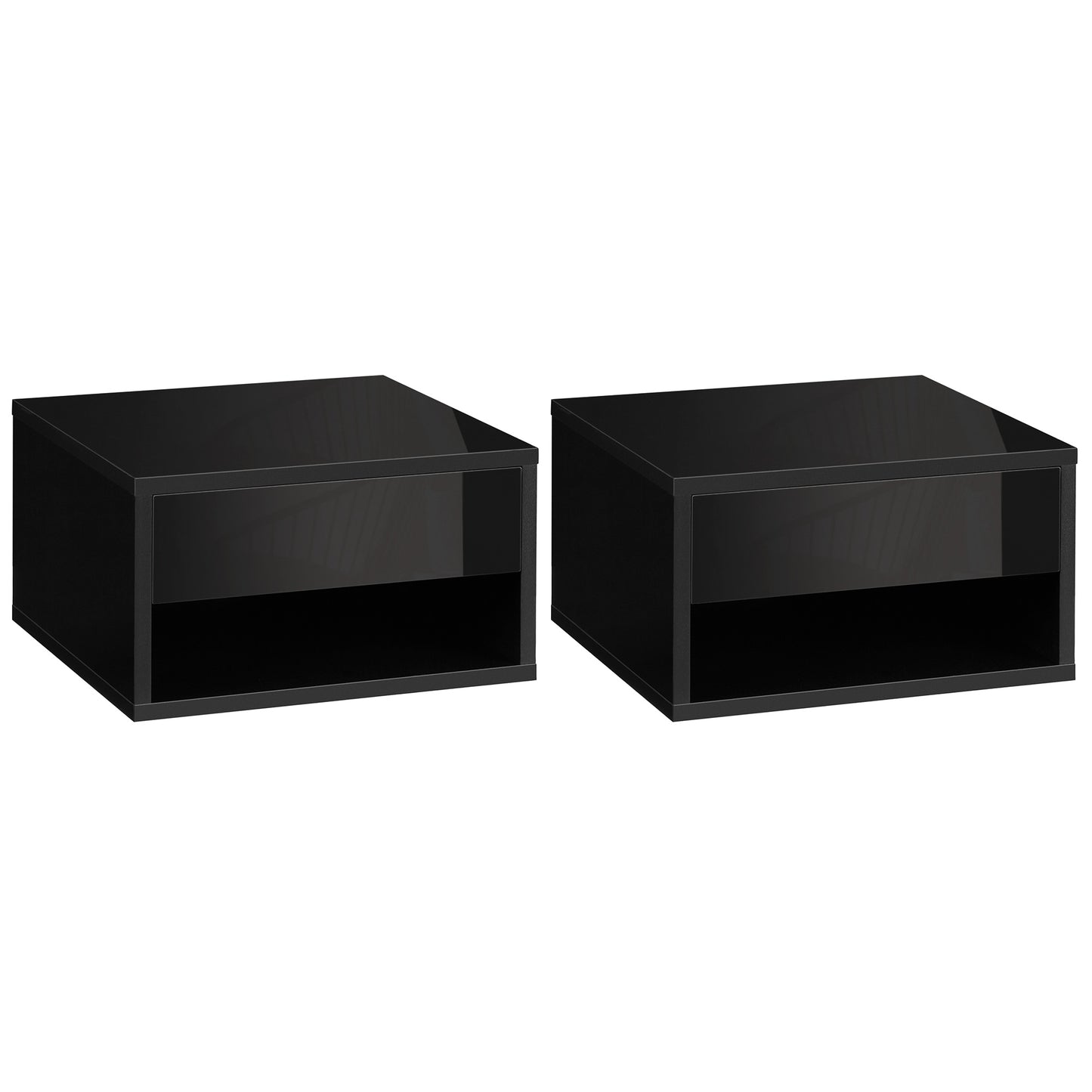 Fisaro Set Of 2 High Gloss Black Floating Bedside Tables 1 Drawer 1 Shelf