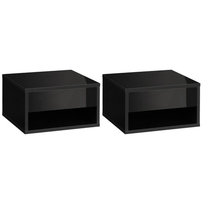 Fisaro Set Of 2 High Gloss Black Floating Bedside Tables 1 Drawer 1 Shelf