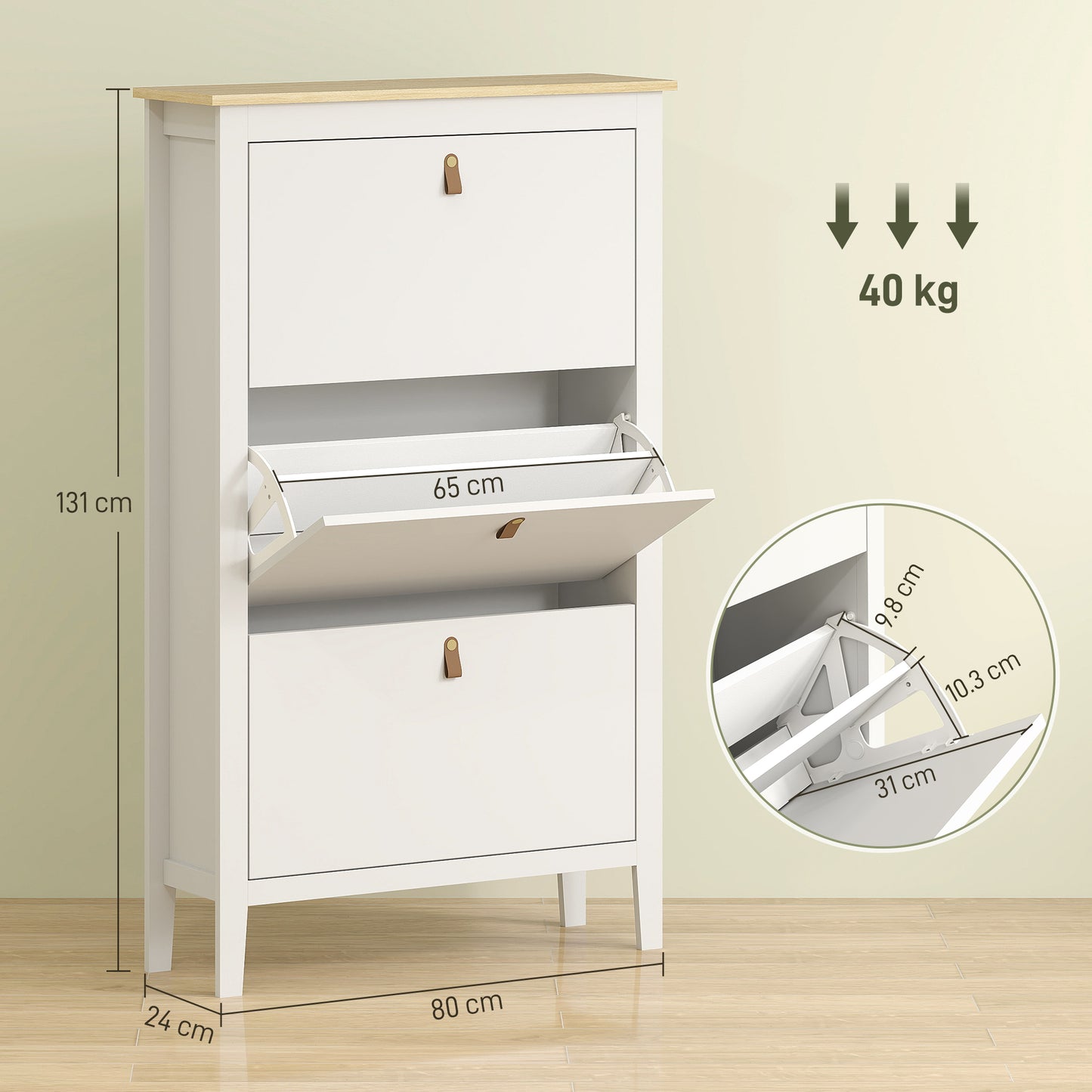 Makeve Wooden White and Natural Modern 3 Drawer Shoe Cabinet Faux Leather Handles