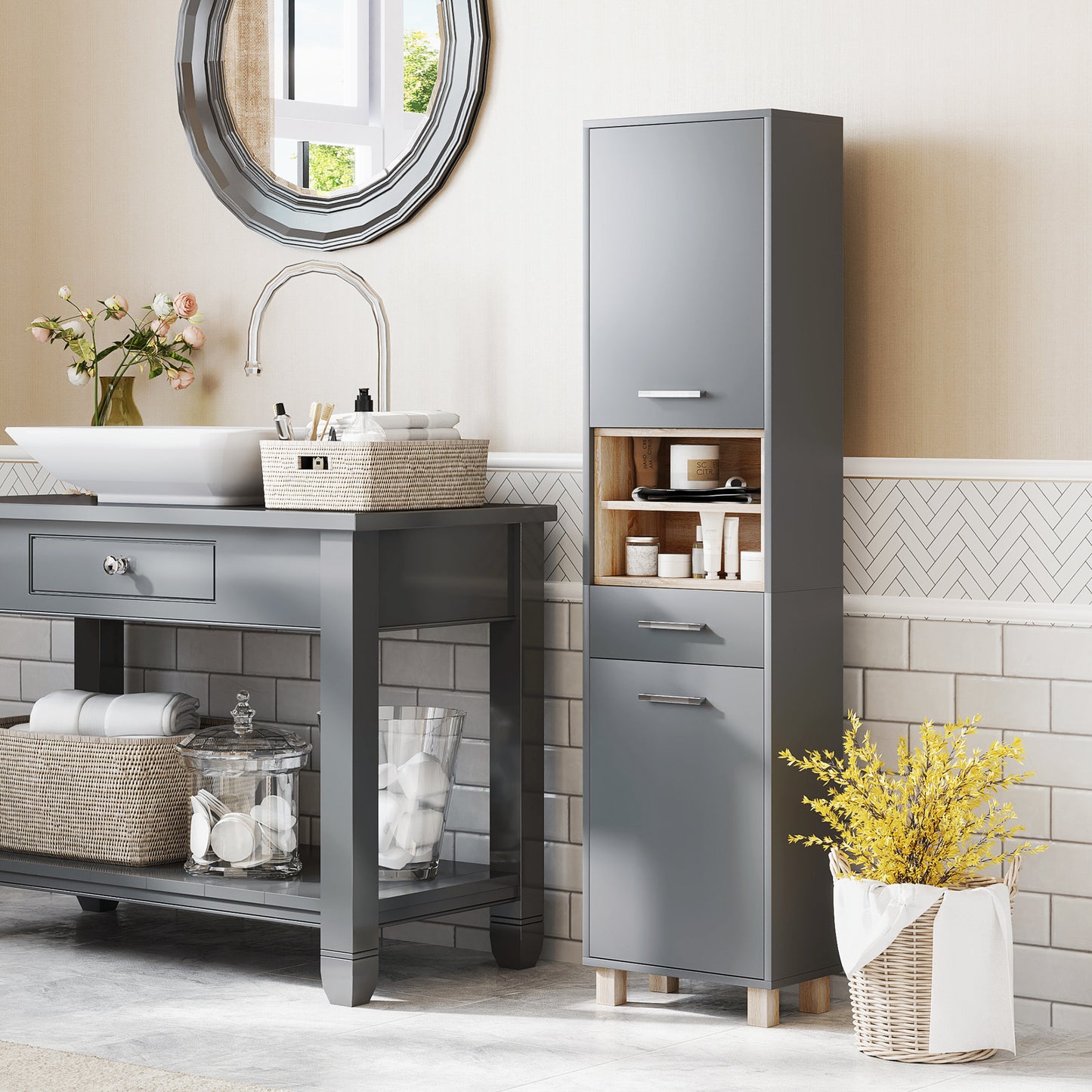 Suna Tall Bathroom Storage Cabinet With Moisture Resistant Board Finish Matte Grey