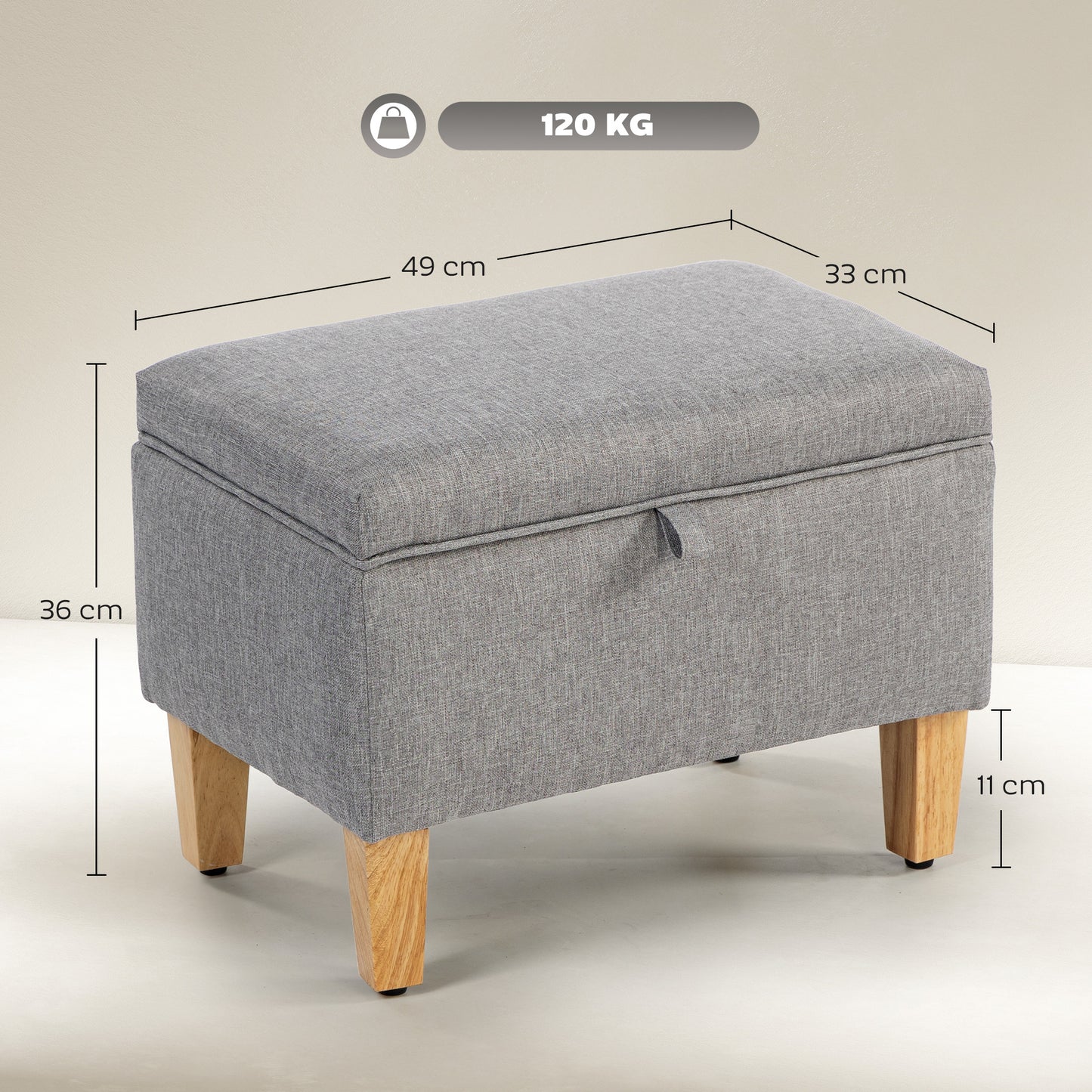 Tonale Linen Light Grey Compact Storage Footstool With Natural Wooden Legs