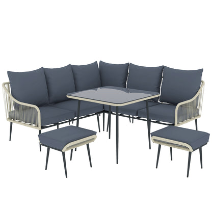 Vika Natural Rattan Grey 7 Seater Garden Sofa Set with Coffee Table and 2 Stools