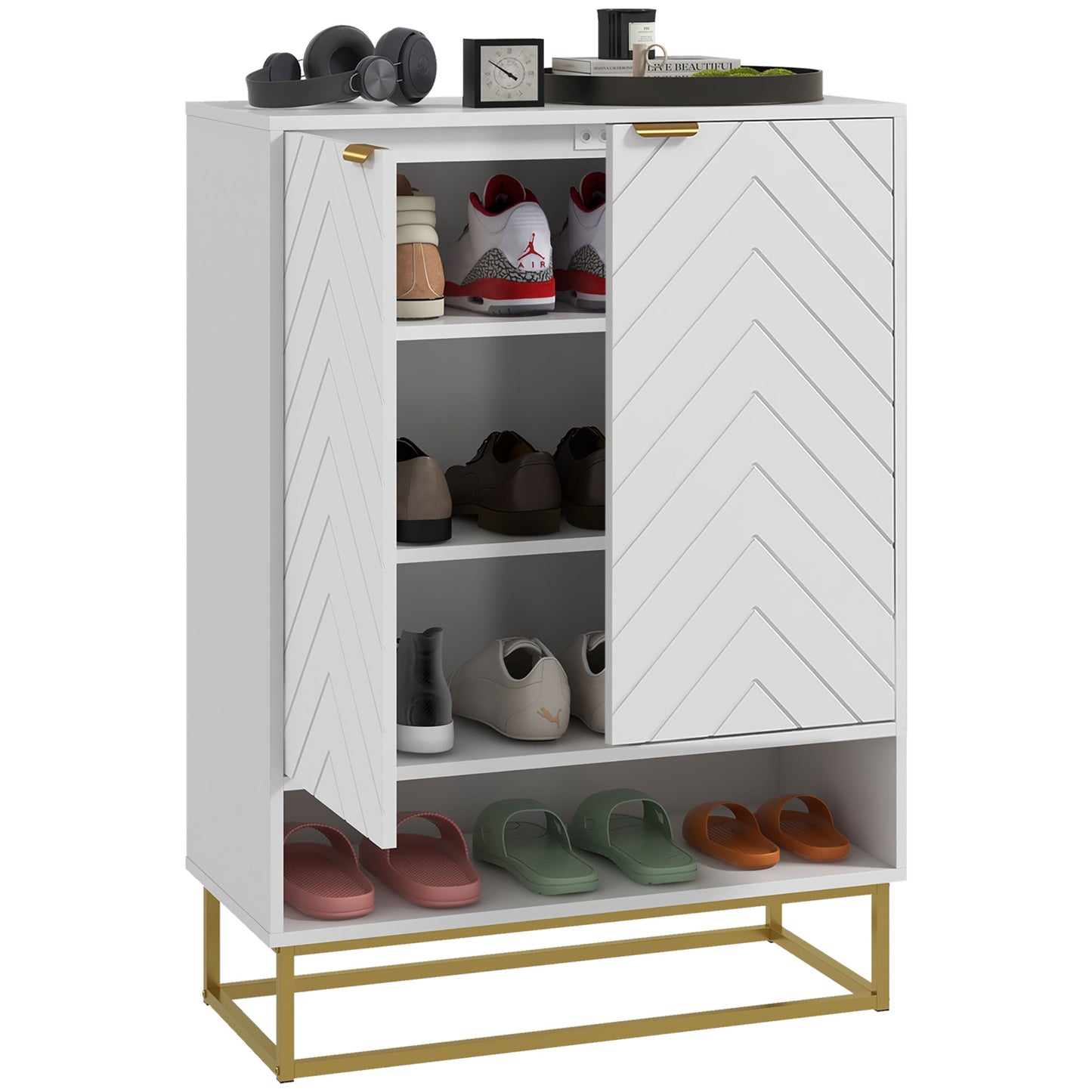 Cosu White Wooden Chevron Shoe Cupboard With Bottom Shelf and Gold Accents For 12 Pairs