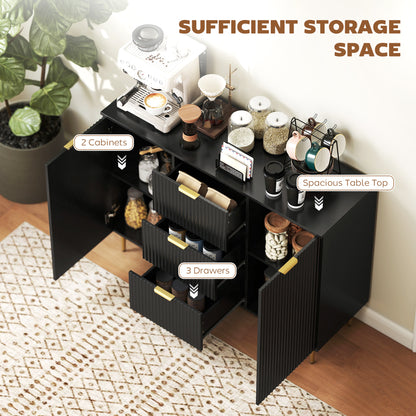 Surara Baro Black Ribbed 2 Door Sideboard 3 Drawers 2 Shelves Gold Accents