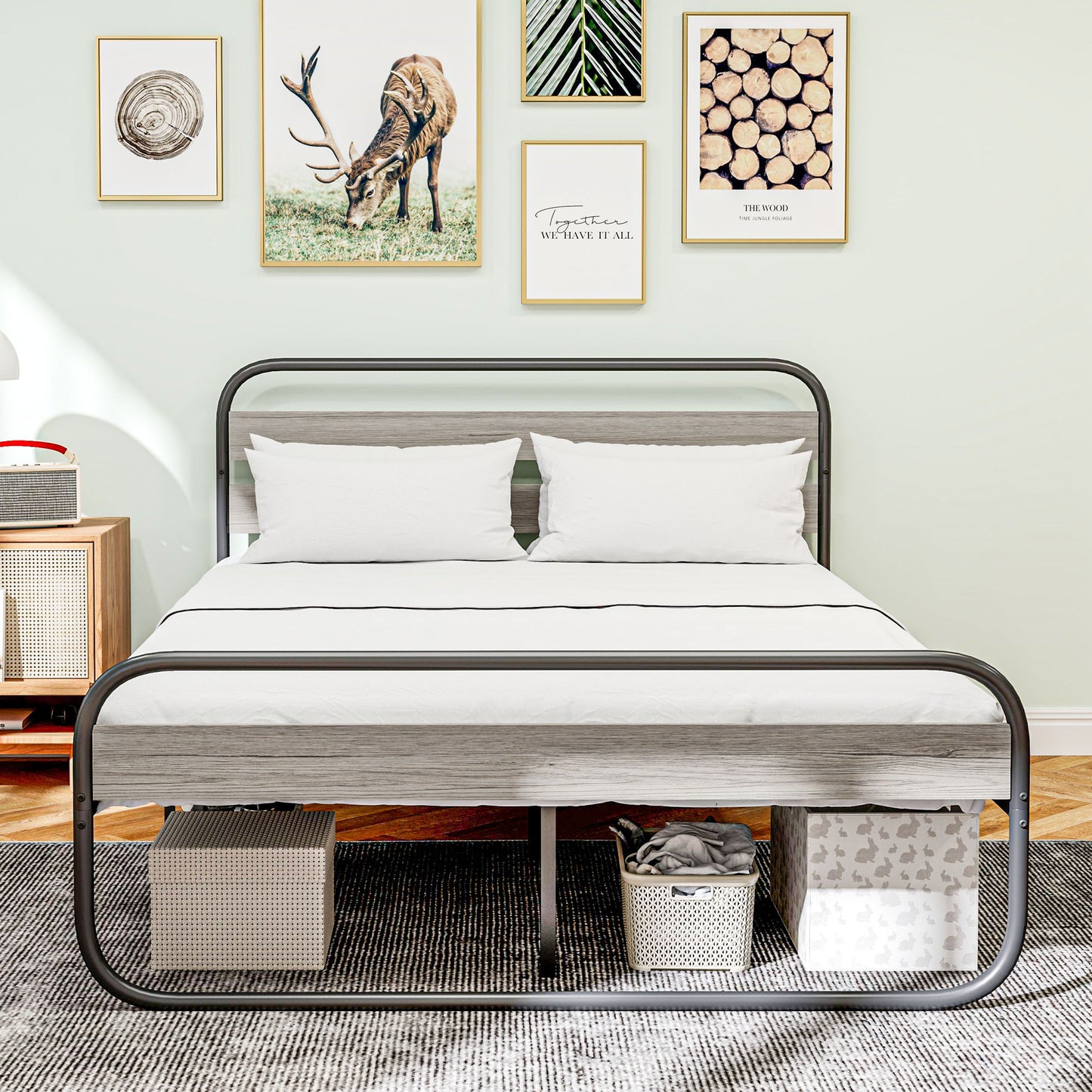 Cozine 4FT6 Grey and Black Metal Industrial Double Platform Bed Frame