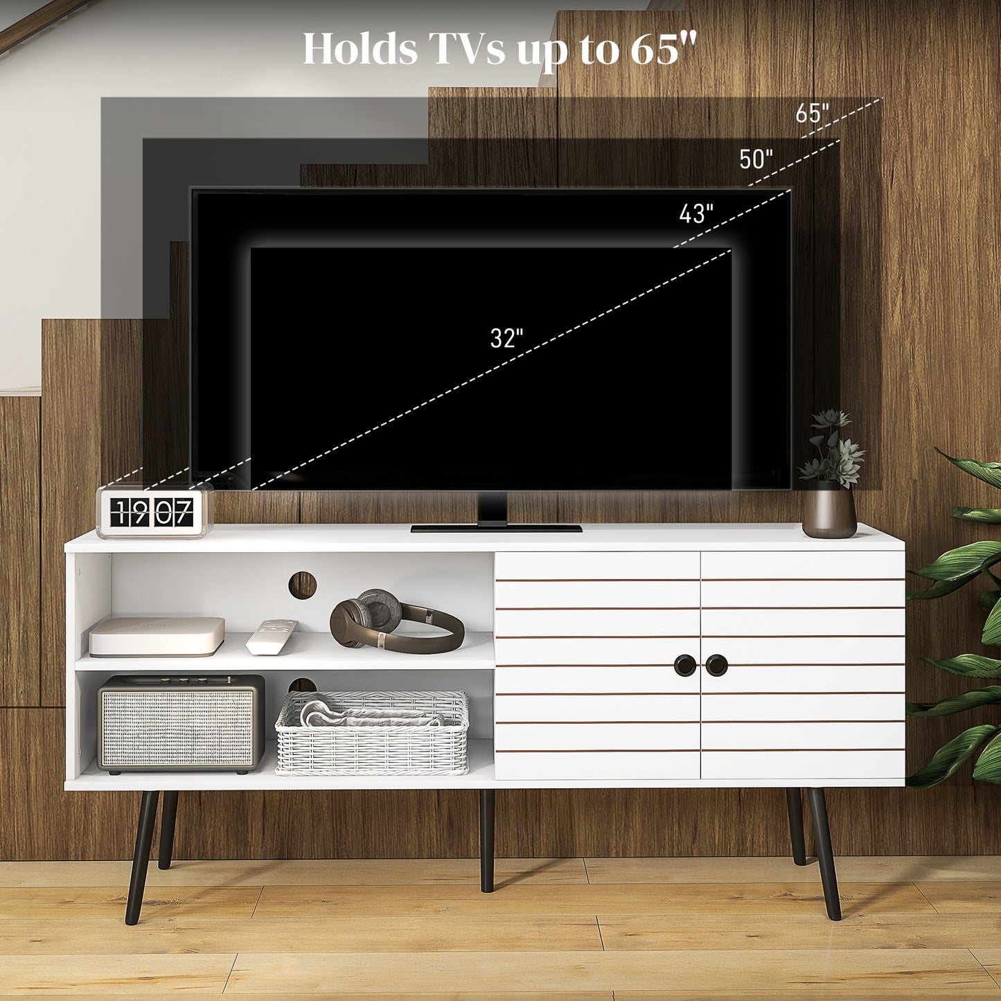 Lare 145cm Wooden White TV Unit With Stripe Doors Open Shelves And Wooden Legs