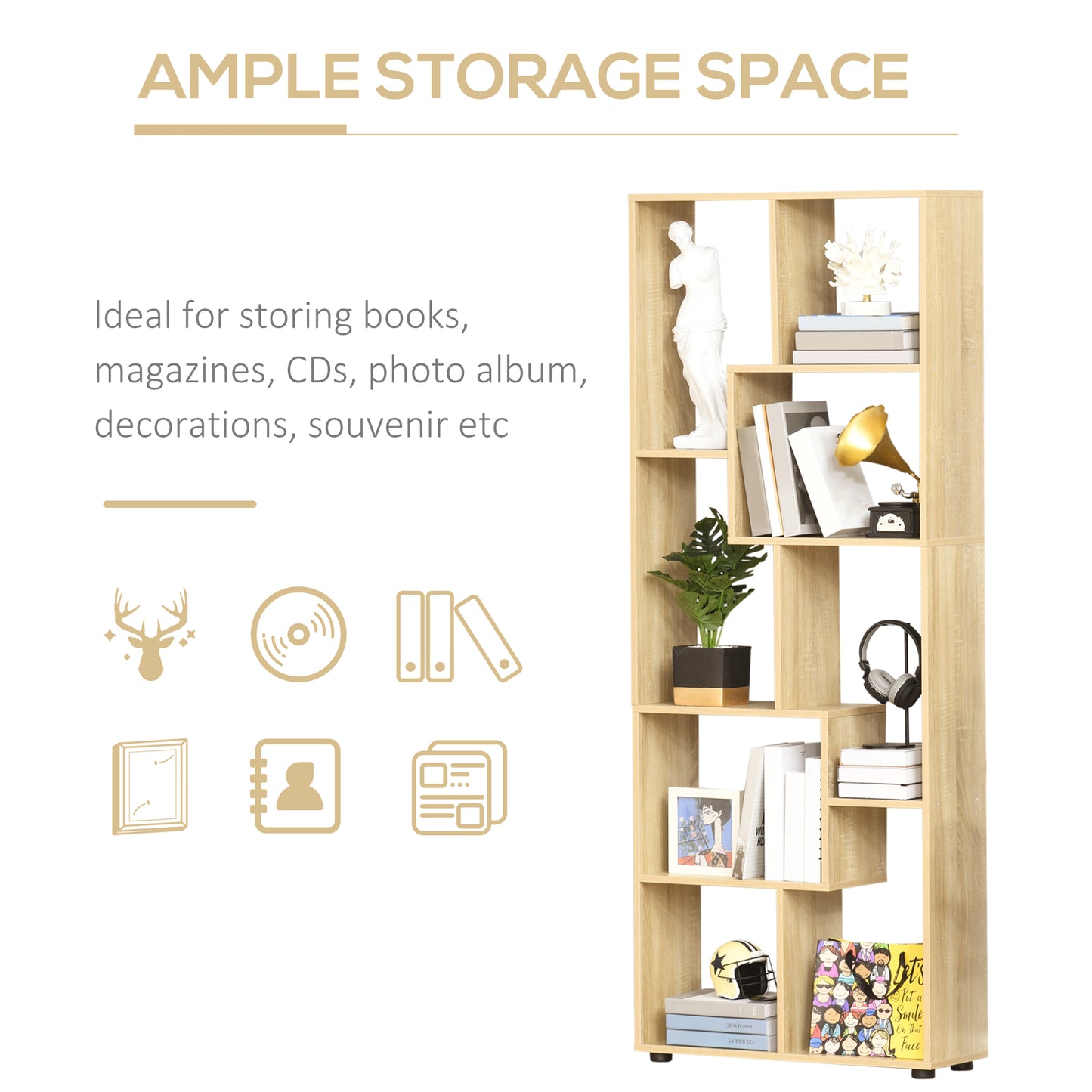 Nevi Ludo Wood Natural Finish Tall 8 Cube Bookcase Room Divider With Freestanding Shelving 70 x 24 x 178 cm