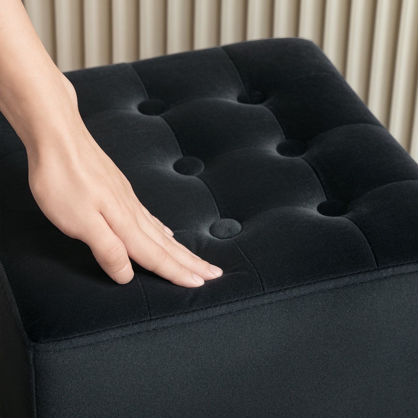 Liviel Velvet Black Square Ottoman With Soft Upholstered Finish