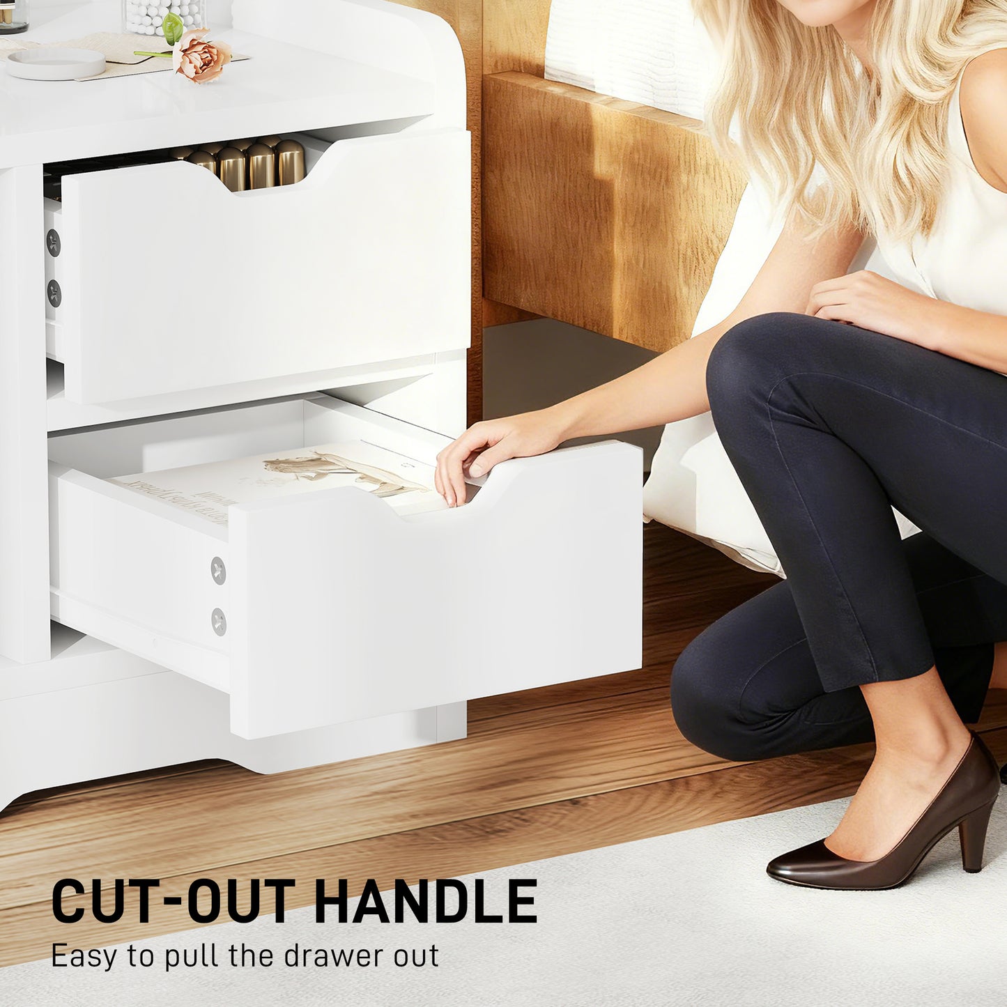Sora Nico High Gloss White Bedside Table With 2 Drawers And Shelves