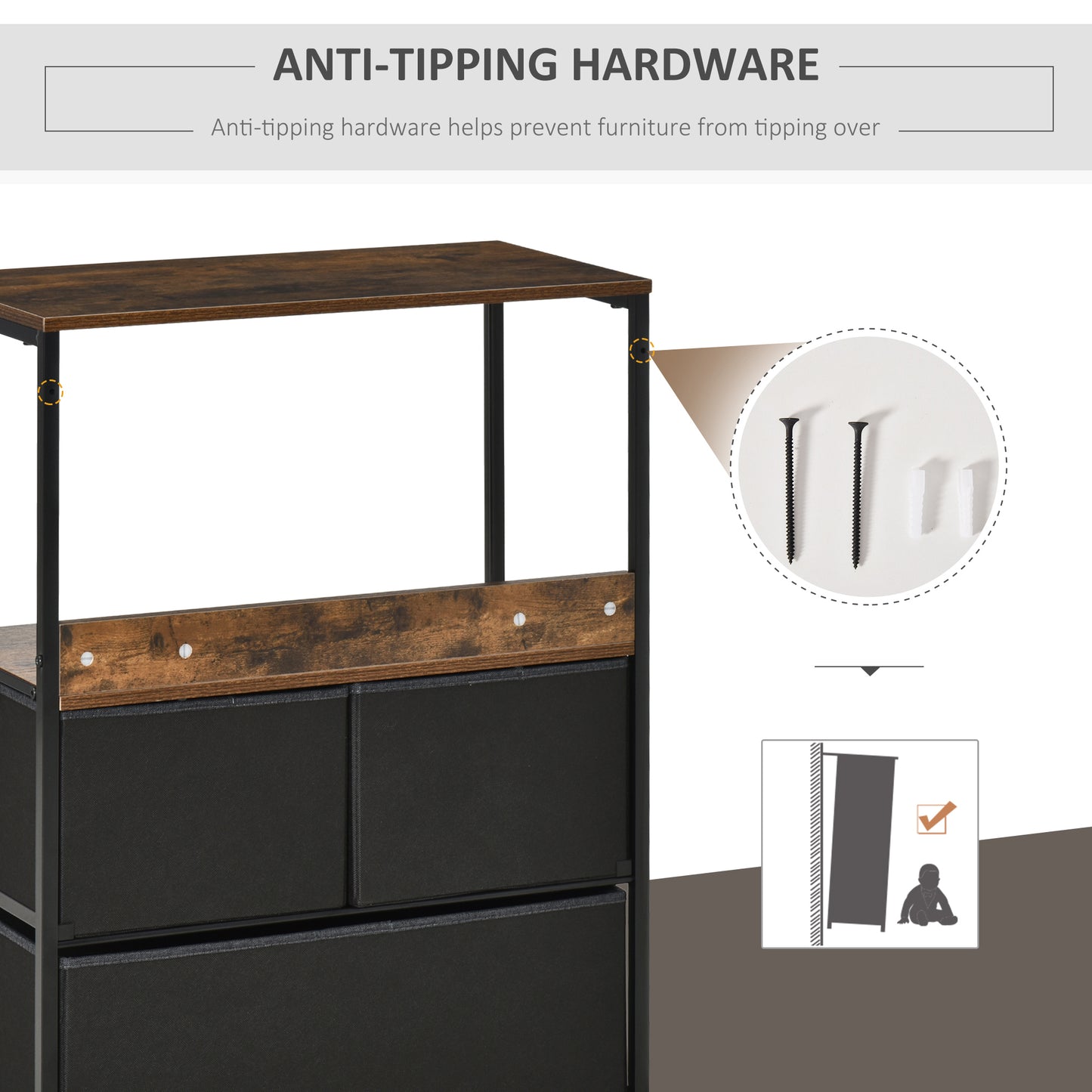 Ranotte Wooden Black 3 Fabric Drawer Storage Chest With Shelf