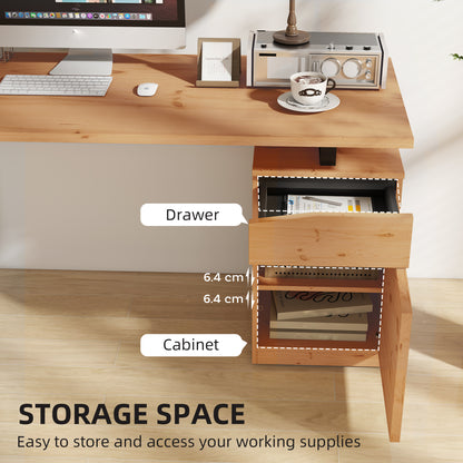 Nolole 135cm Natural Wood Home Office Desk With Storage Drawer and Cabinet