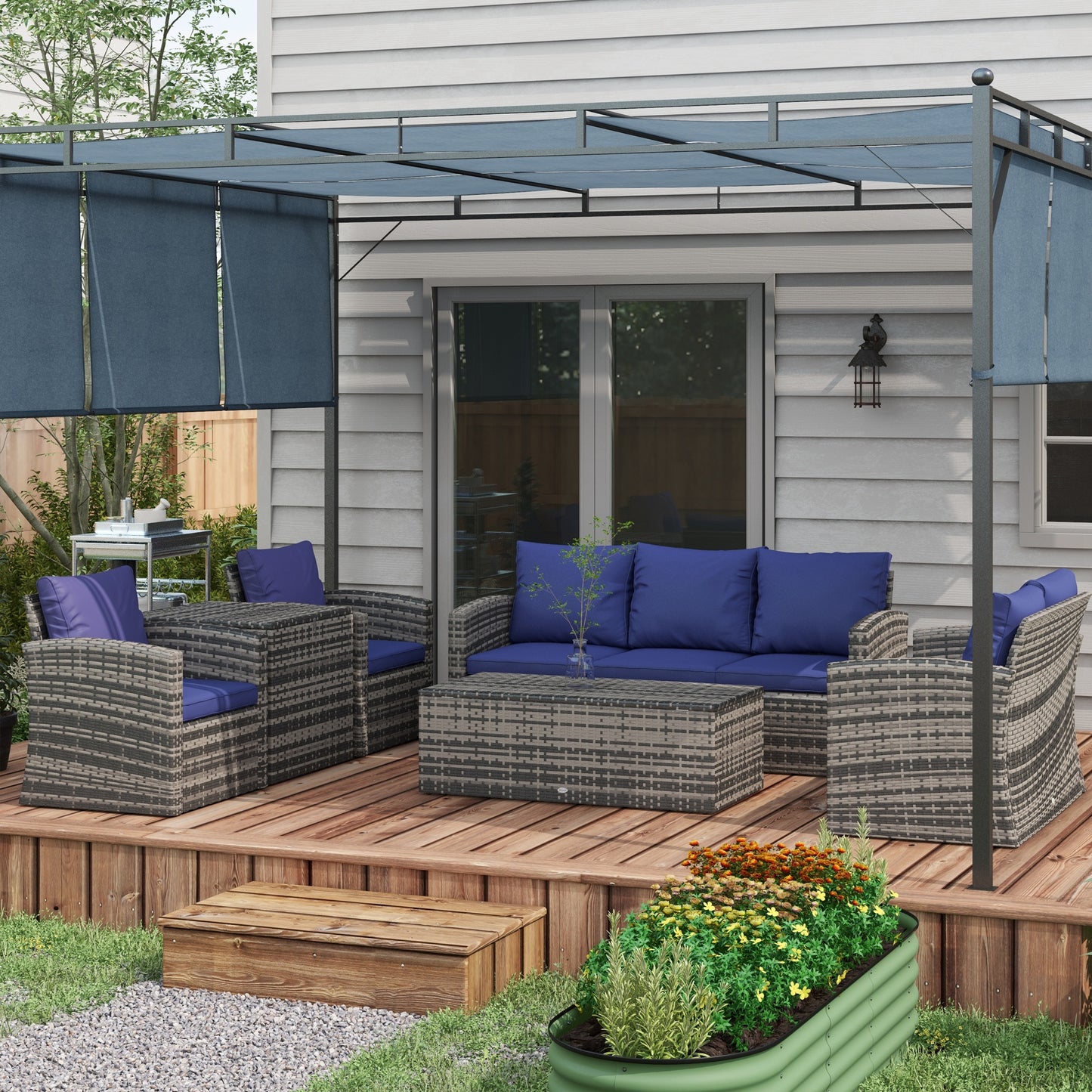 Resuno Grey Rattan Navy Blue 7 Seater Outdoor Sofa Set With Storage Tables