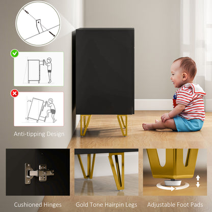 Diro High Gloss Black Geometric Pattern Sideboard With Gold Hairpin Legs