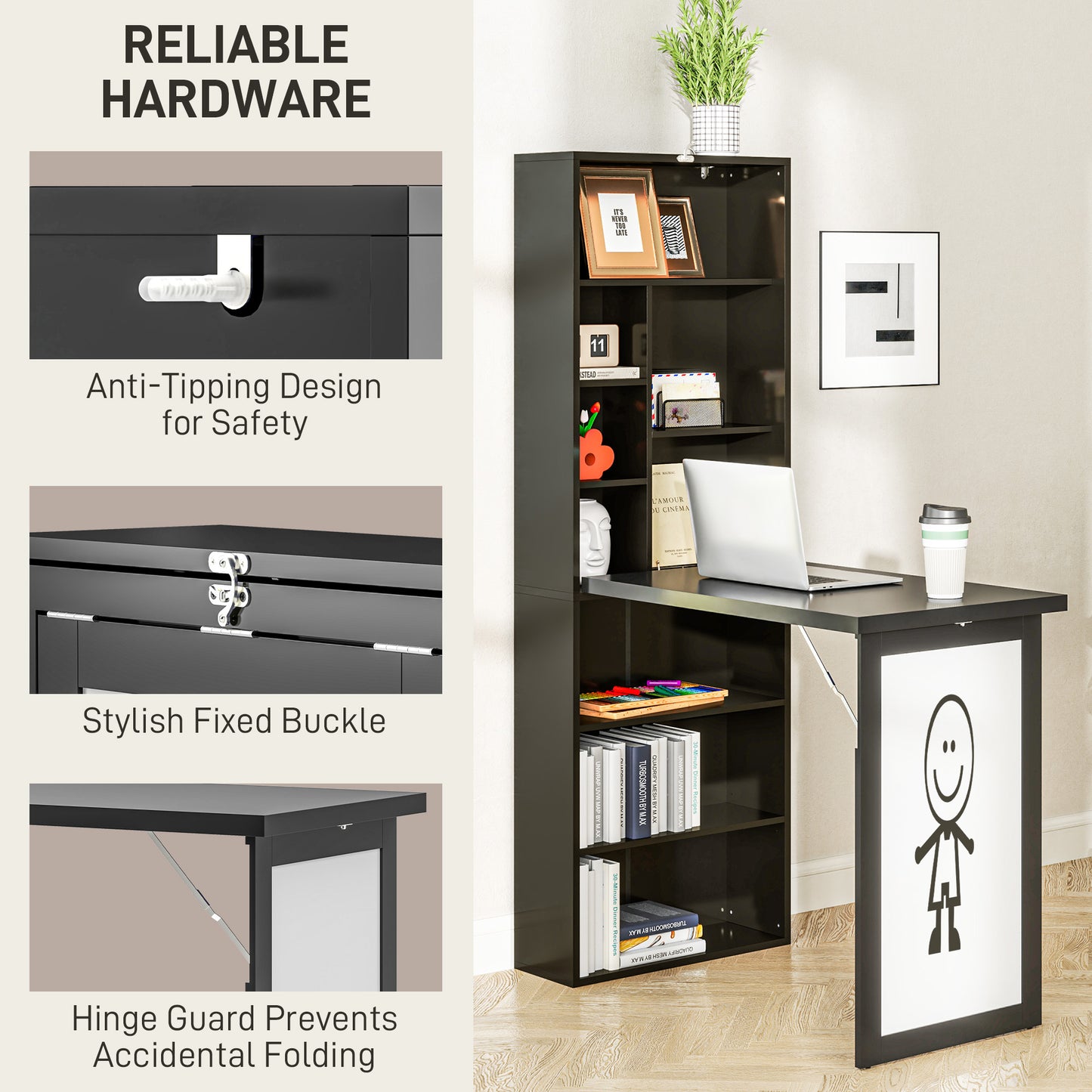 Elrika 98cm Black 3 Section Work Desk With Writing Board And Storage