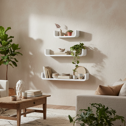Rasudi Wood White Set Of 3 Floating Wall Shelves With Hidden Mounting