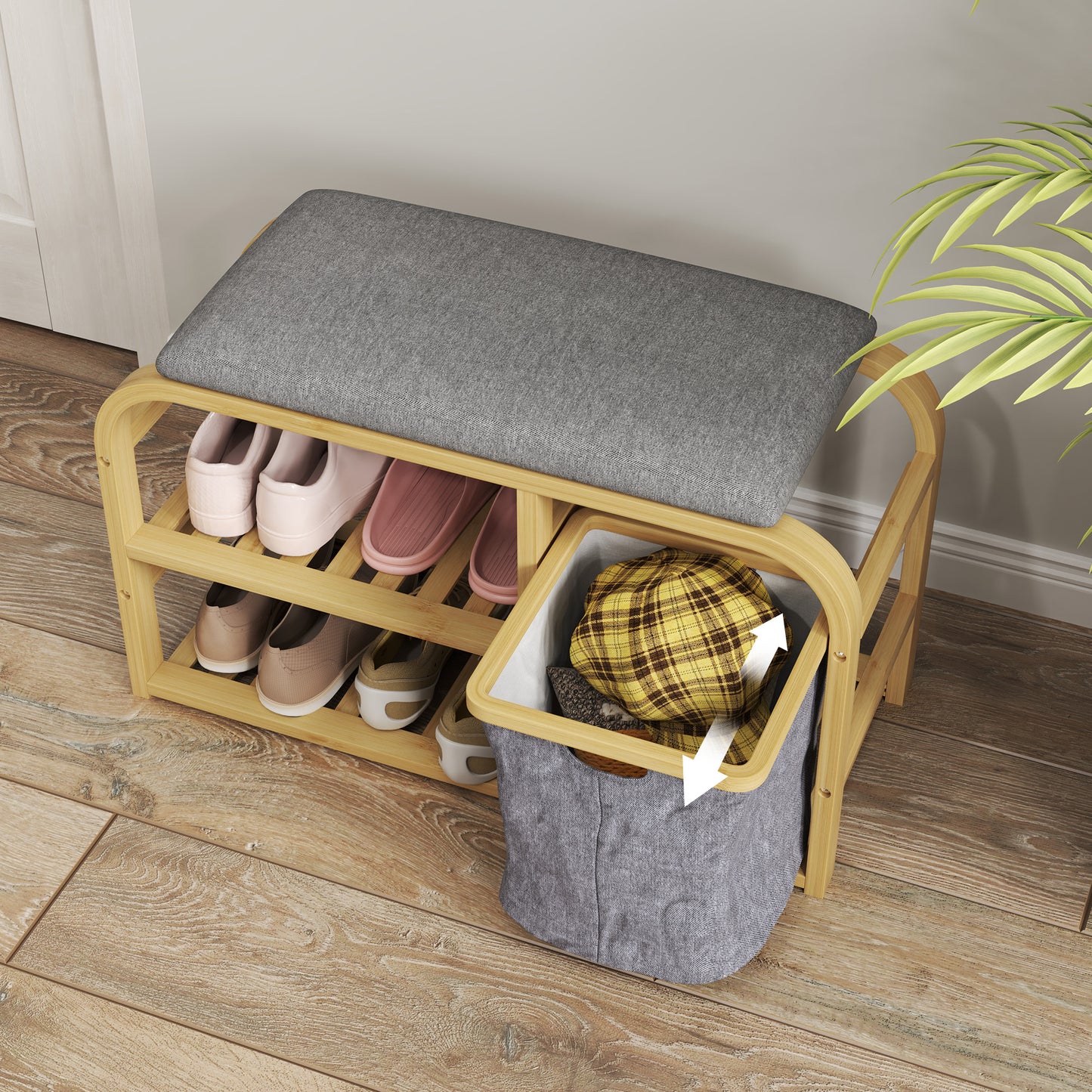 Mira Bamboo Natural Shoe Bench With Grey Padded Seat