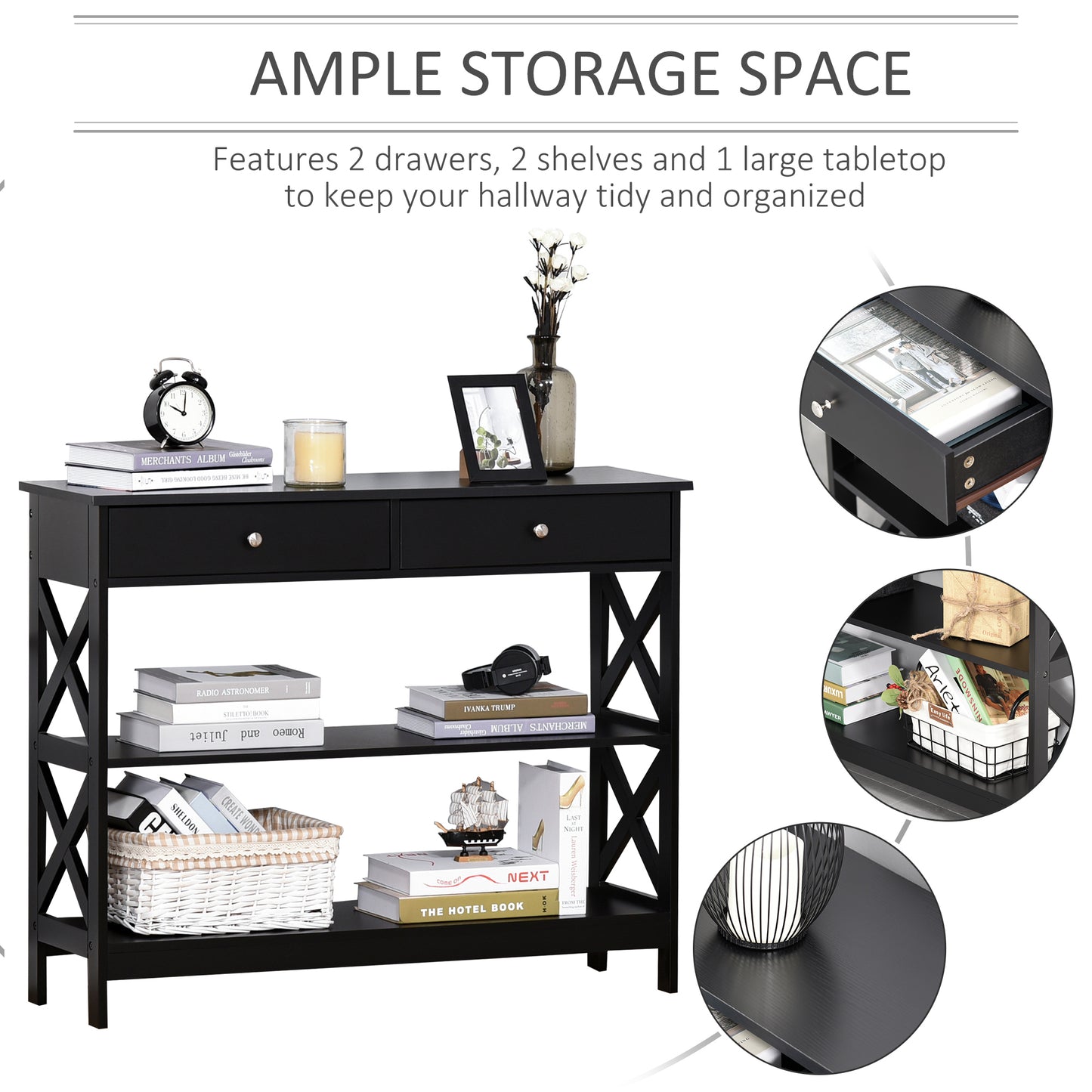 Kafa 100cm Wooden Black X Frame Console Table With Drawers And 2 Shelves
