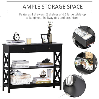 Kafa 100cm Wooden Black X Frame Console Table With Drawers And 2 Shelves