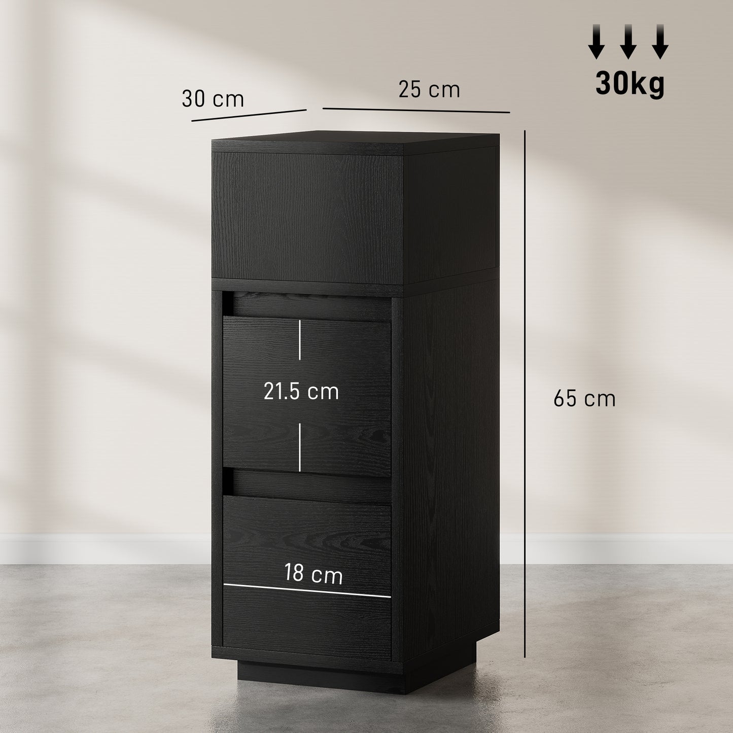 Susema Black Slim Bedside Table With 2 Drawers And Open Shelf