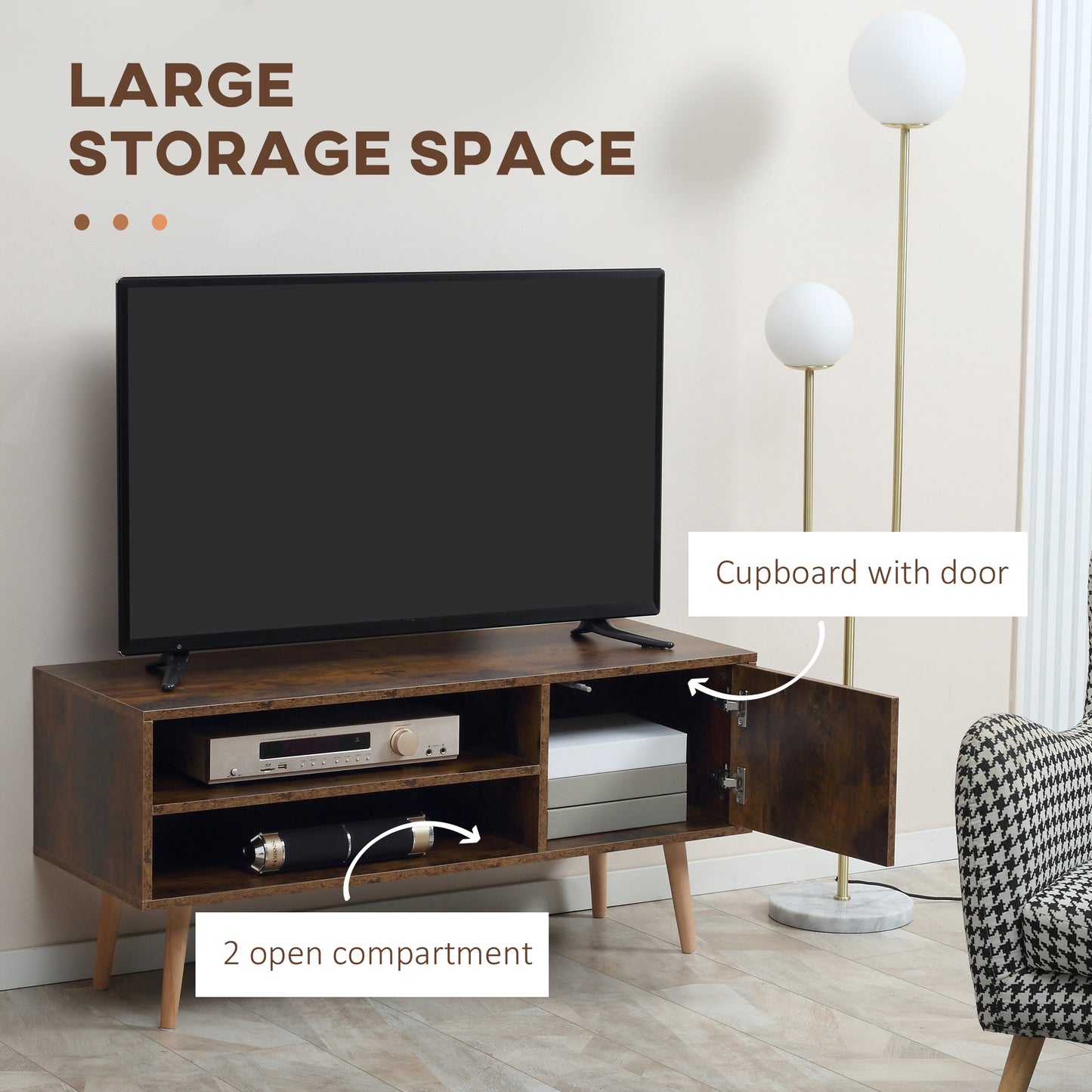 Pamoso 110cm Wooden Rustic Brown TV Unit With Door and Open Shelves For Screens Up To 55 Inches