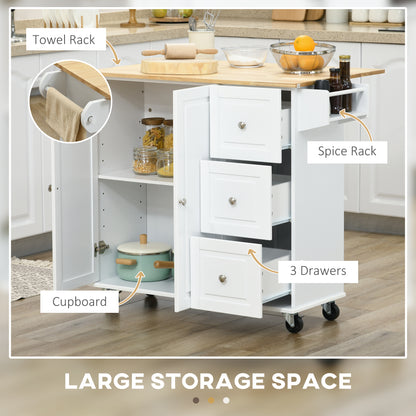 Cosoco Noli Wooden White Rolling Kitchen Island With Drop Leaf Drawers Spice Rack And Towel Rail