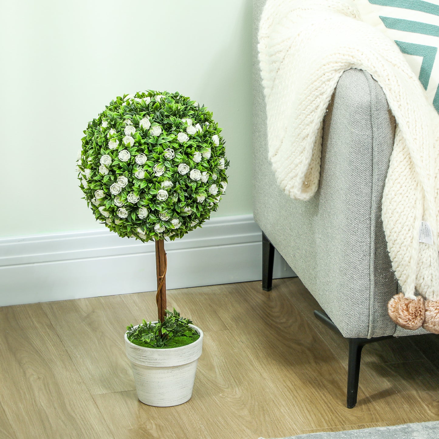 Rahafi Set Of 2 Artificial Rose Flower Topiary Ball Trees In Pots H8 60cm White