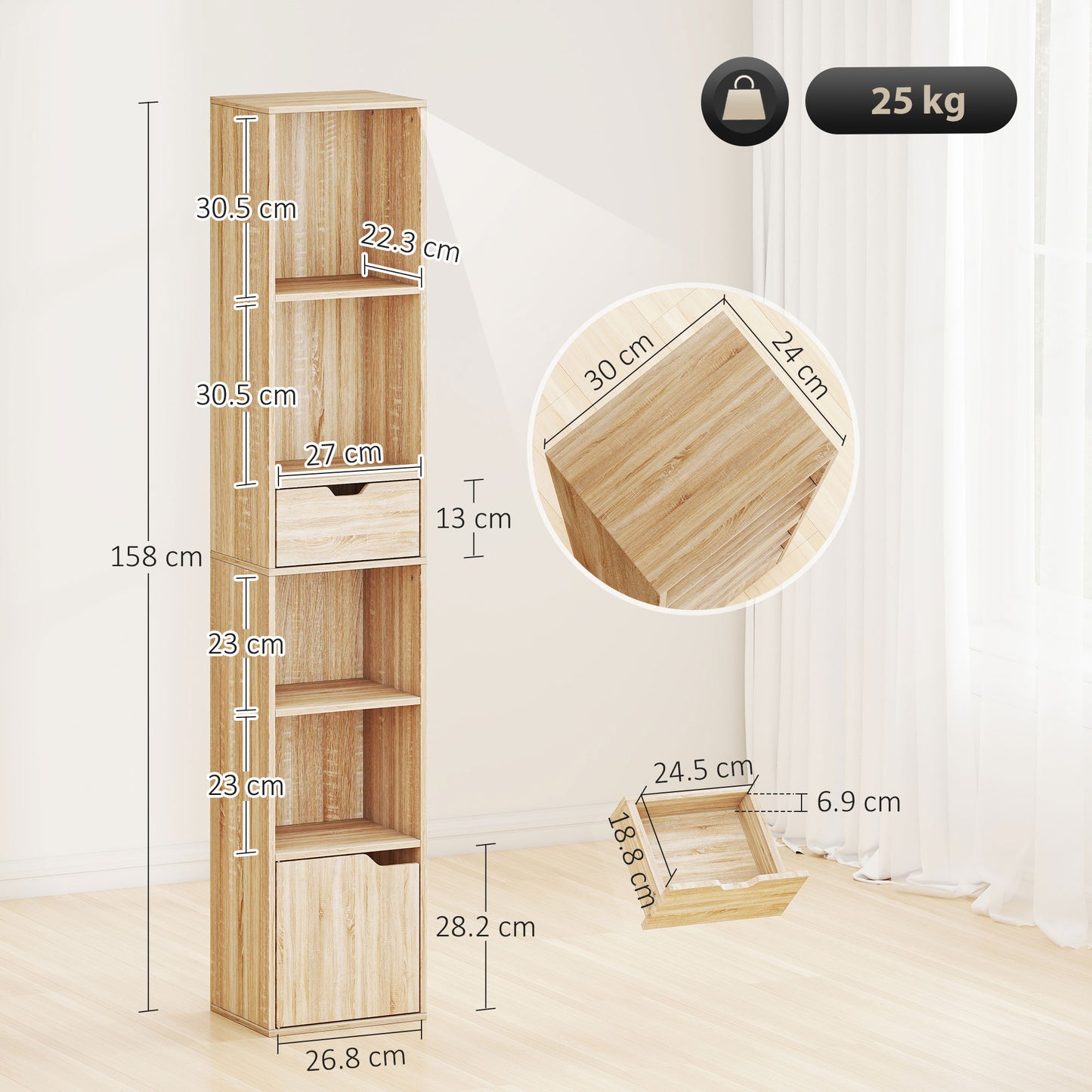 Lamoke Colu Wooden Natural Finish Tall Narrow 6 Tier Bookcase With Drawer And Door