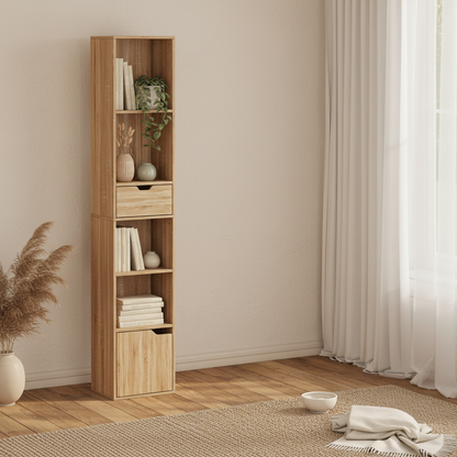 Lamotte Wooden Natural Finish Tall Narrow 6 Tier Bookcase With Drawer And Door