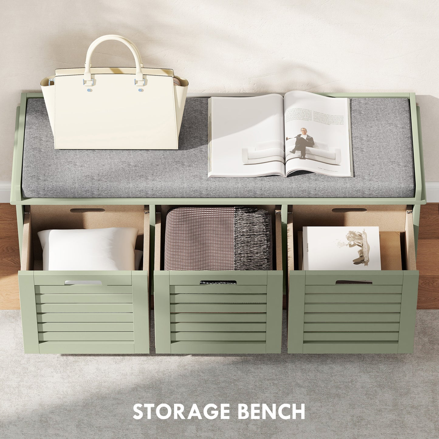 Dilena Wooden Green 3 Drawer Shoe Storage Bench with Grey Padded Seat