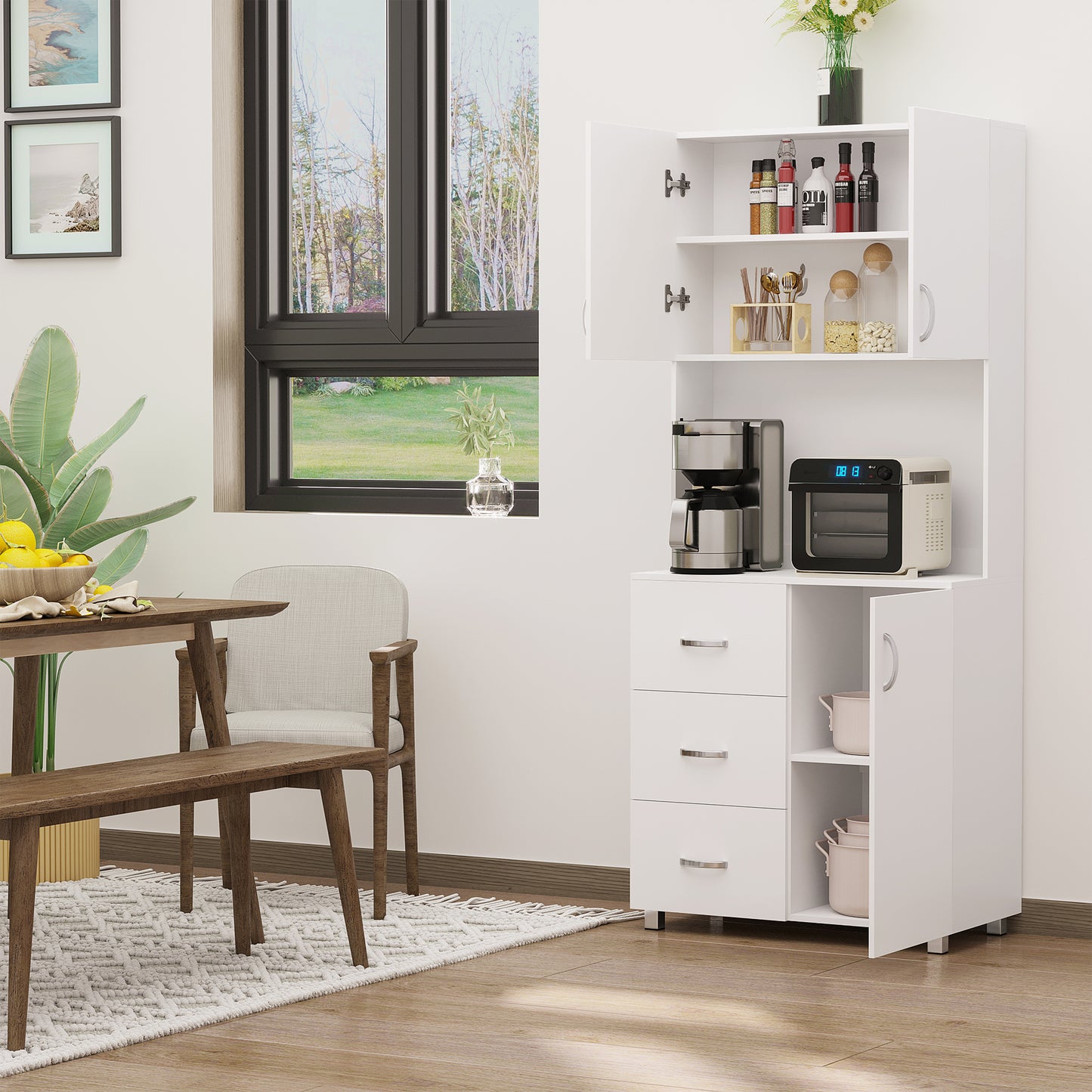 Dika Wooden White Tall Kitchen Storage Cabinet With Doors Drawers And Adjustable Shelving 183.5 cm