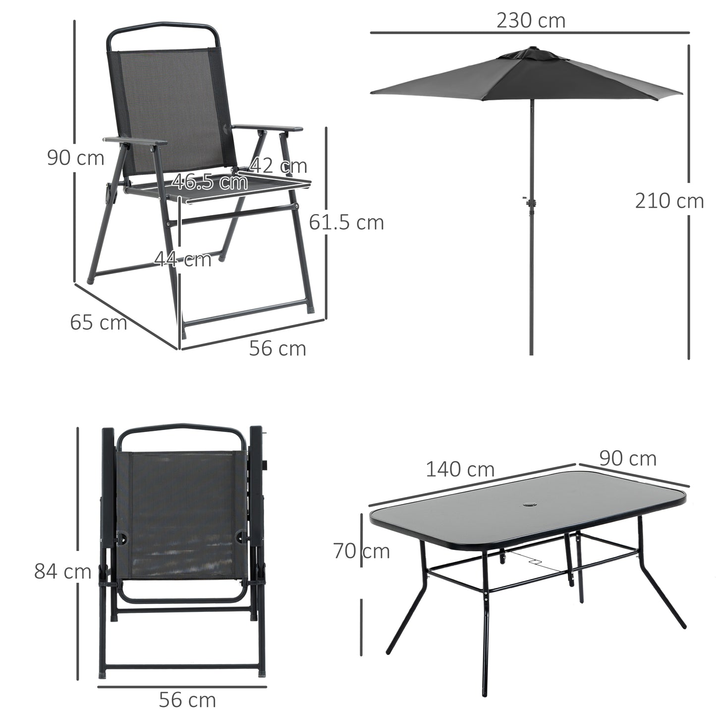 Rera 6 Seater Black Metal and Mesh Garden Dining Set with Chairs Table and Parasol