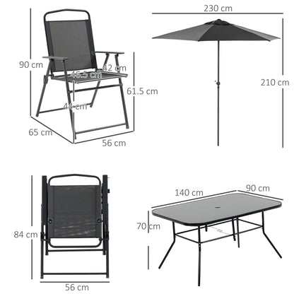 Rera 6 Seater Black Metal and Mesh Garden Dining Set with Chairs Table and Parasol