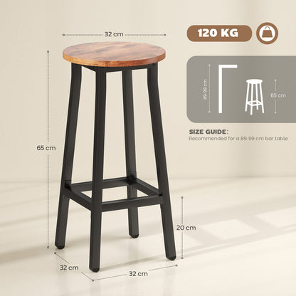 Rema Set Of 2 Rustic Brown Industrial Round Bar Stools With Footrest 65cm