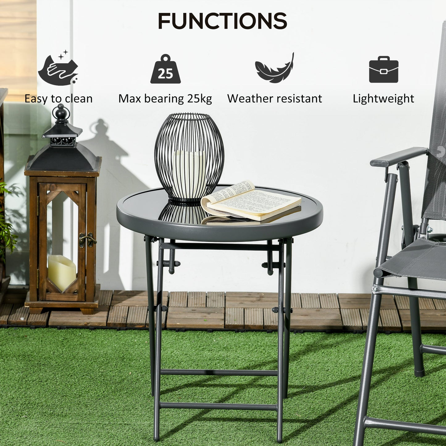 Laparo Metal And Glass Black Folding Outdoor Side Table 45cm With Marble Effect Top