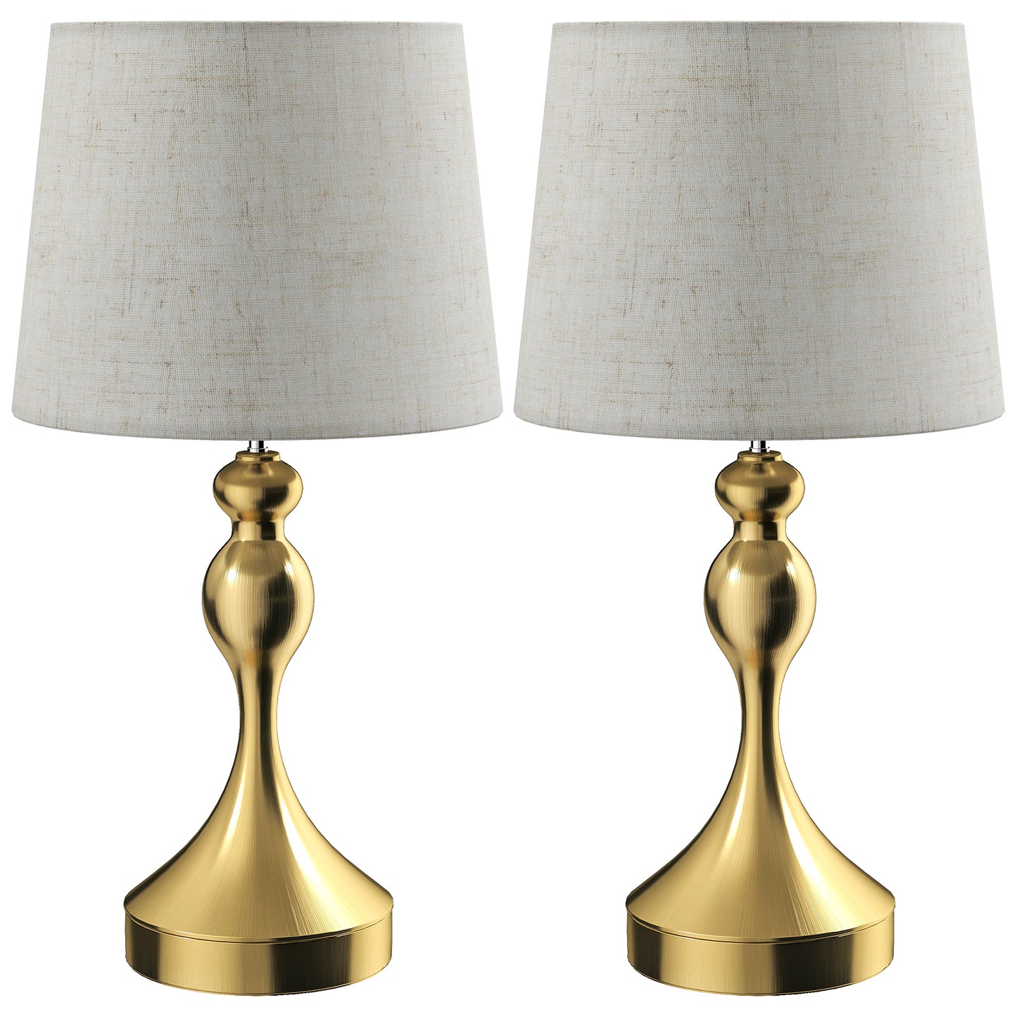 Rino Metal Gold Tone Set Of 2 Bedside Lamps With USB Charging Ports Linen Shades And 3 Colour Light